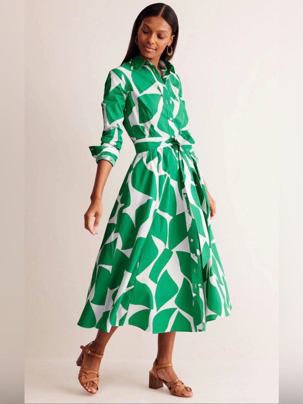 Boden Amy Floral Paisley Print Midi Shirt Dress Green White Size 8L Long Sleeve